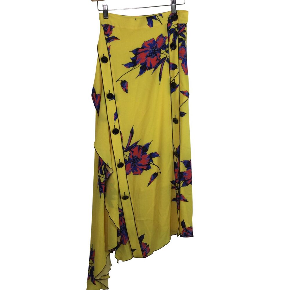 Proenza Schouler Silk Asymmetric Floral Print Crepe Wrap Skirt Yellow Multi Sz 0